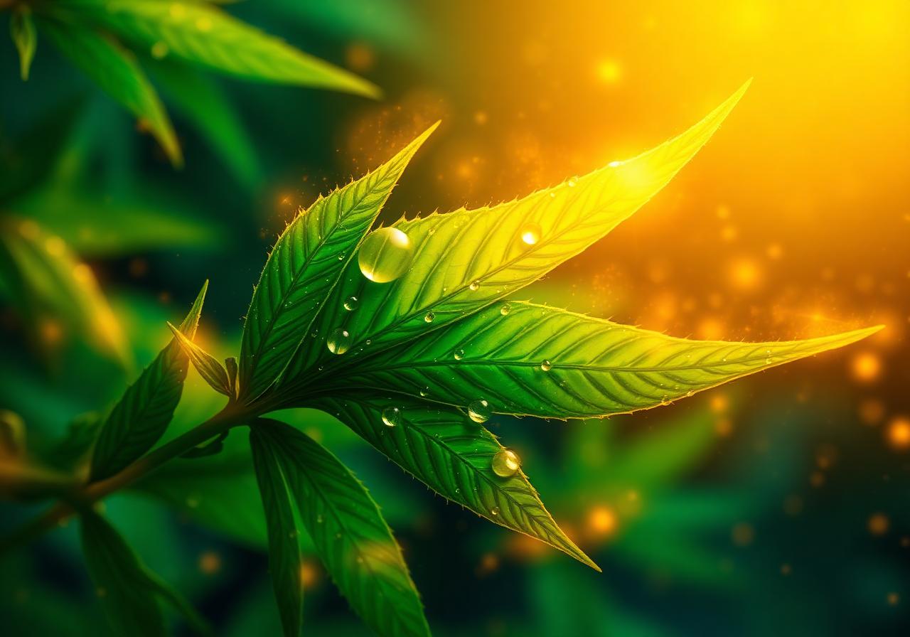 Hemp leaf glowing with golden energy