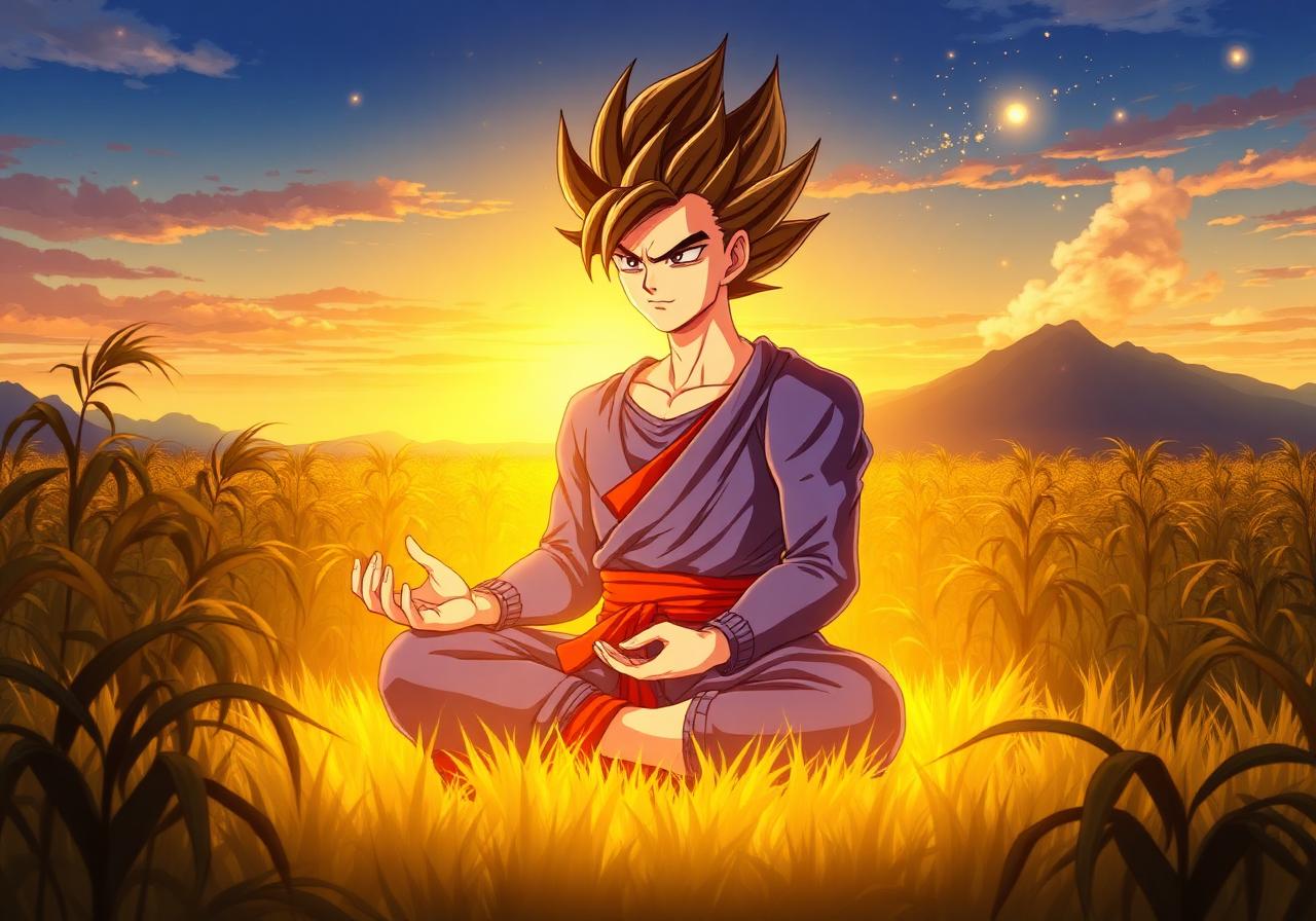 Saiyan meditating in a hemp field